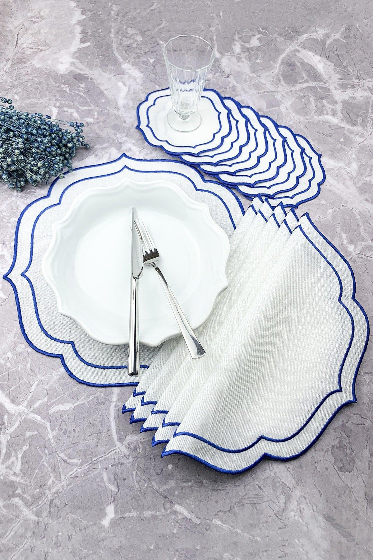 Blue Color Double Wrap Embroidered 12 Piece Set Placemat And Cocktail Napkin - Swordslife