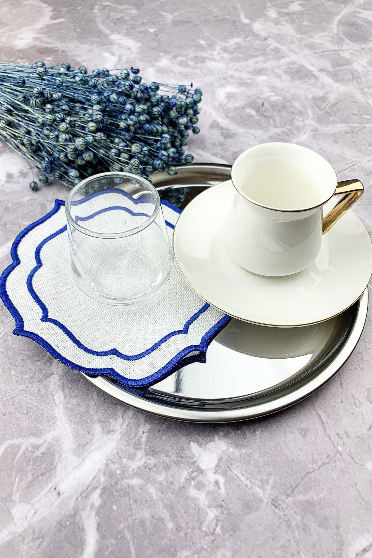 Blue Color Double Wrap Embroidered 12 Piece Set Placemat And Cocktail Napkin - Swordslife