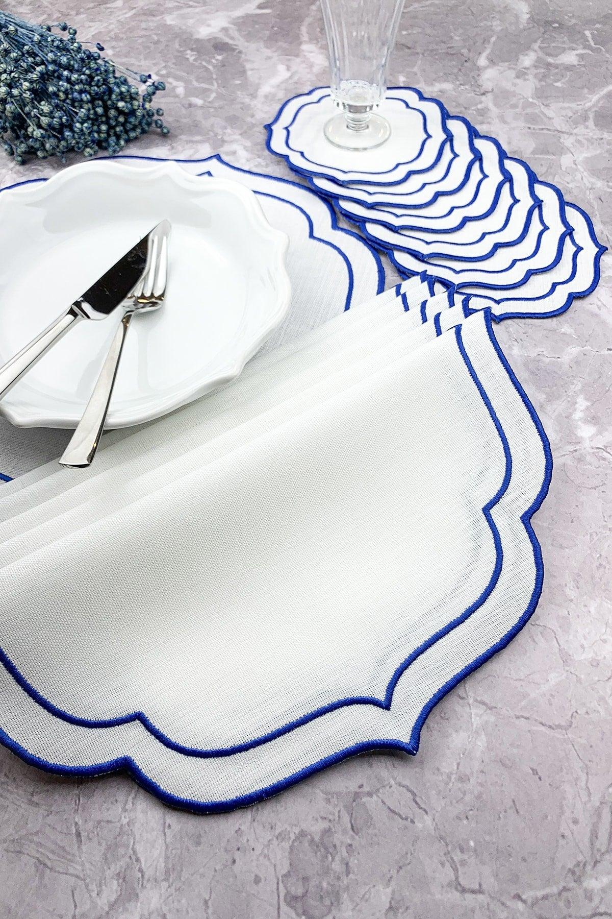 Blue Color Double Wrap Embroidered 12 Piece Set Placemat And Cocktail Napkin - Swordslife