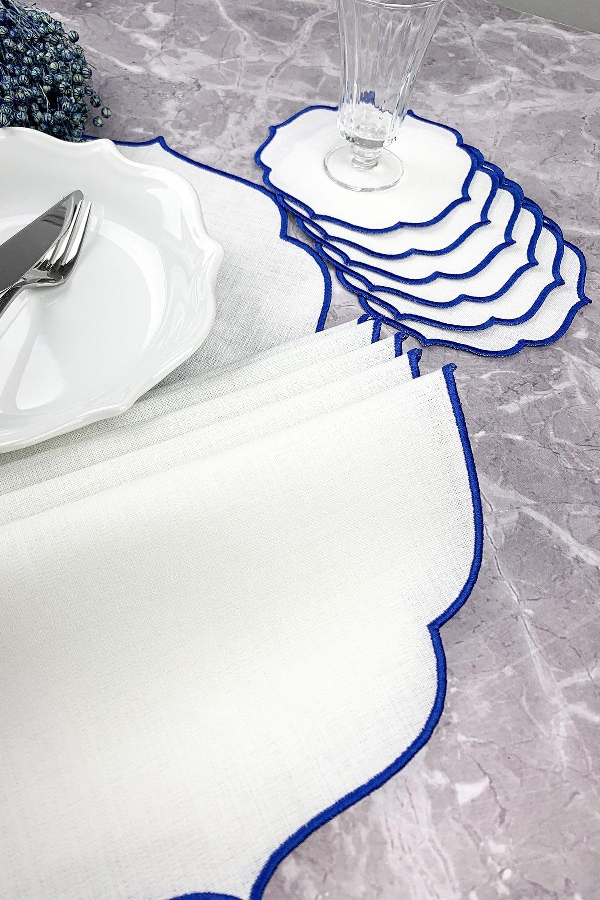 Blue Embroidered 12 Piece Set Placemat And Cocktail Napkin - Swordslife