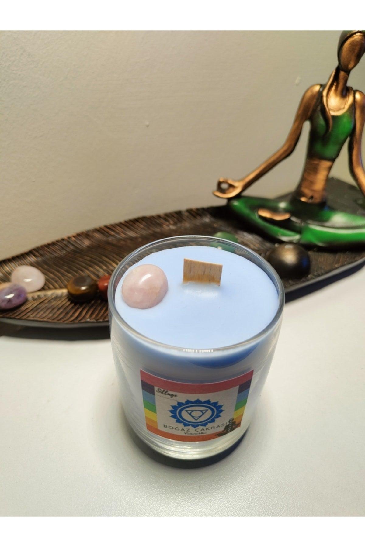 Throat Chakra Meditation Yoga Healing Candle Rose Quartz Stone And Chakra Special Sage-eucalyptus Scented - Swordslife
