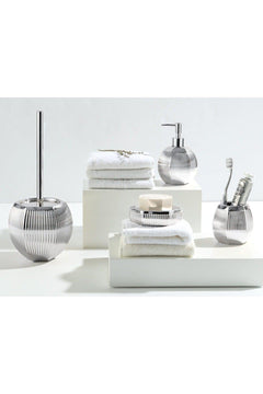 4-piece silver ceramic bathroom set with soap dispensers and toothbrush holder