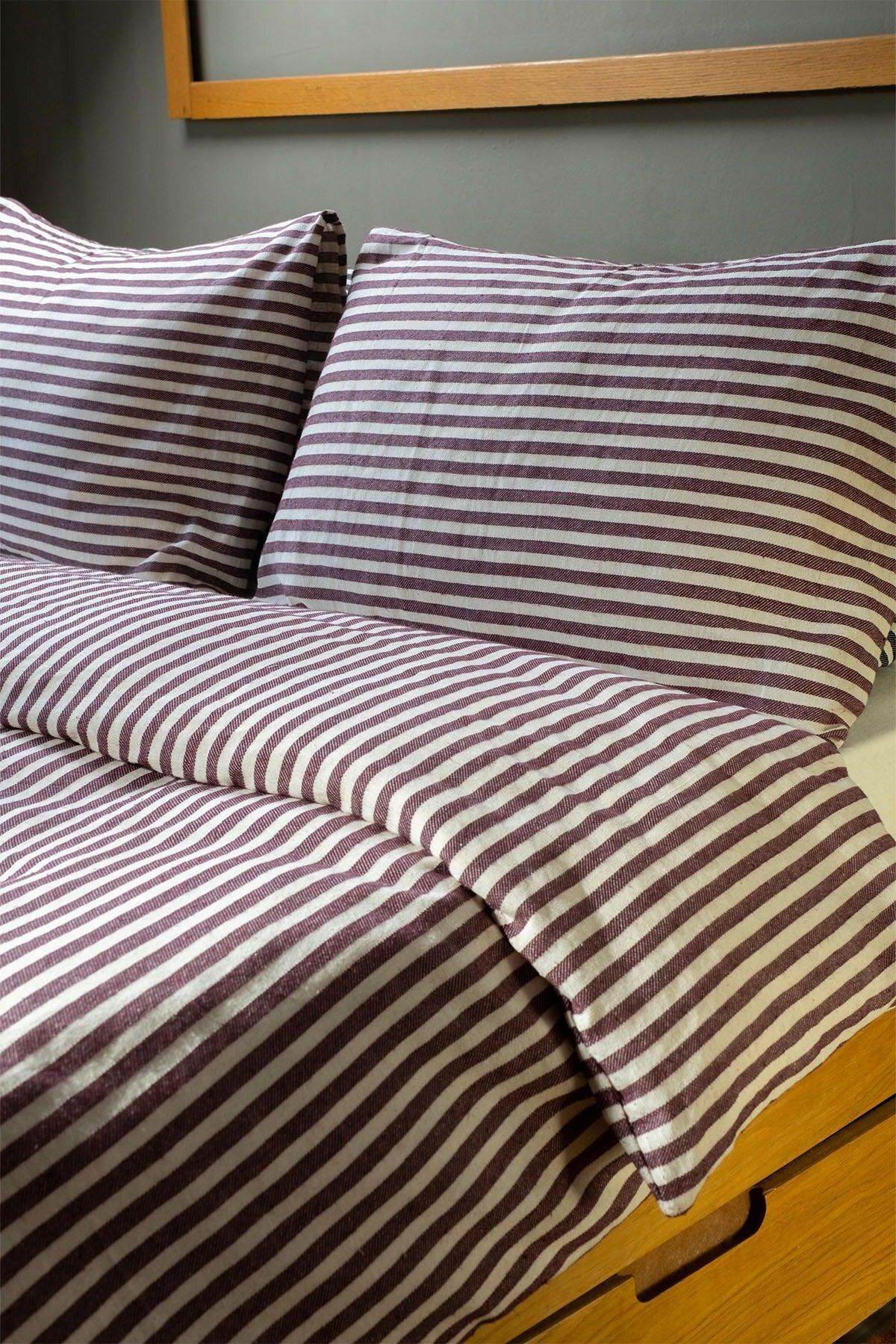 Claret Red Striped Linen Double Duvet Cover & Pillow Set 200x220 Cm - Swordslife