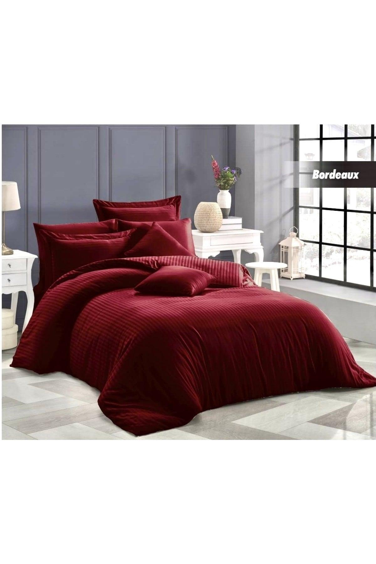 Claret Red Striped Satin Duvet Cover Set 100% Cotton 4 Pillows - Swordslife