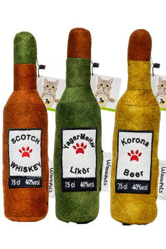 Set of 3 plush dog and cat toys shaped like popular drinks