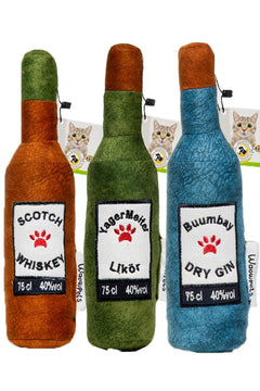 Set of three squeaky plush bottle toys for dogs and cats