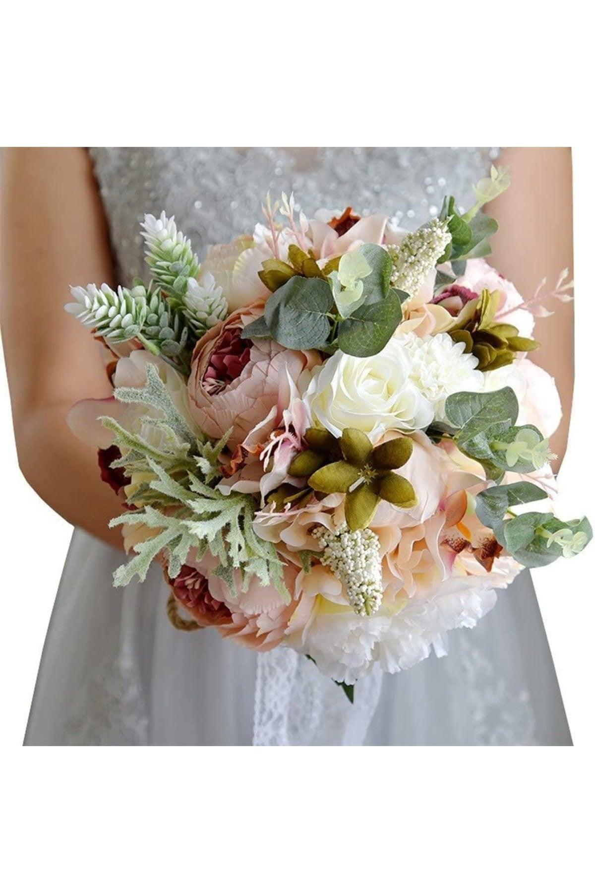 Bride Flower Artificial Flower Pink Rose of Marseille Eucalyptus And Roses Bridal Bouquet - Swordslife