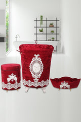 Claret Red Velvet Bathroom Dirty Laundry Basket Set - Swordslife