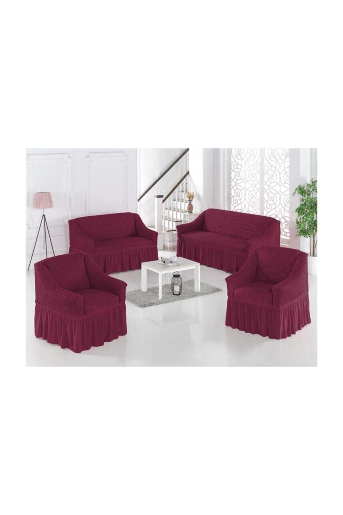 Cress-Cotton (3-3-1-1) Sofa Cover Elastic Skirted Sofa Cover (MAROON COLOR) - Swordslife