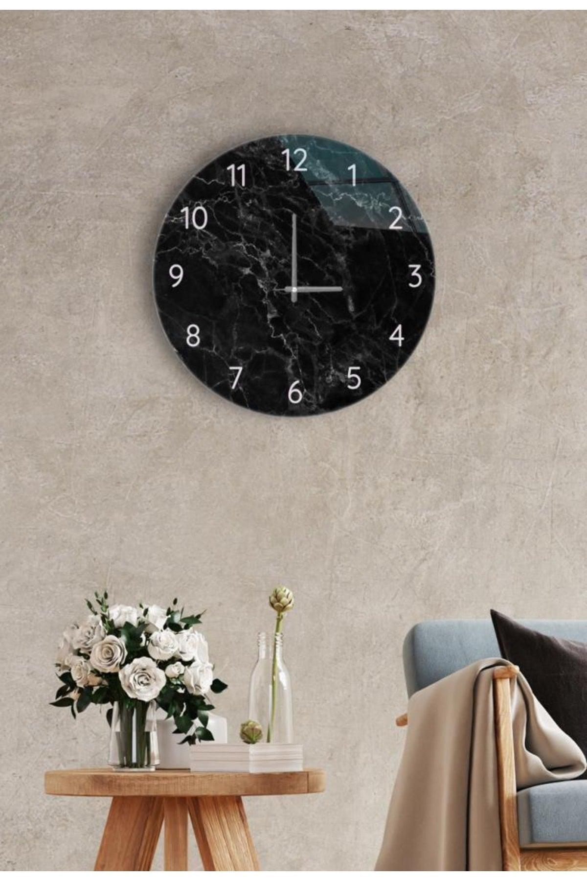 Diameter 27 Cm Black Marble Decorative Glass Clock - Swordslife