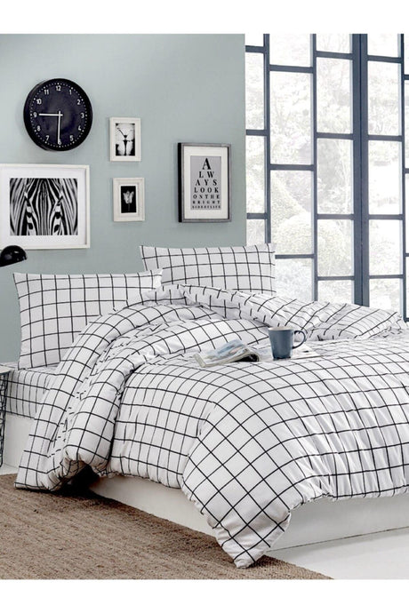 Ranforce Natural Cotton Duvet Cover Set with Elastic Fitted Black Checkered Double - Swordslife