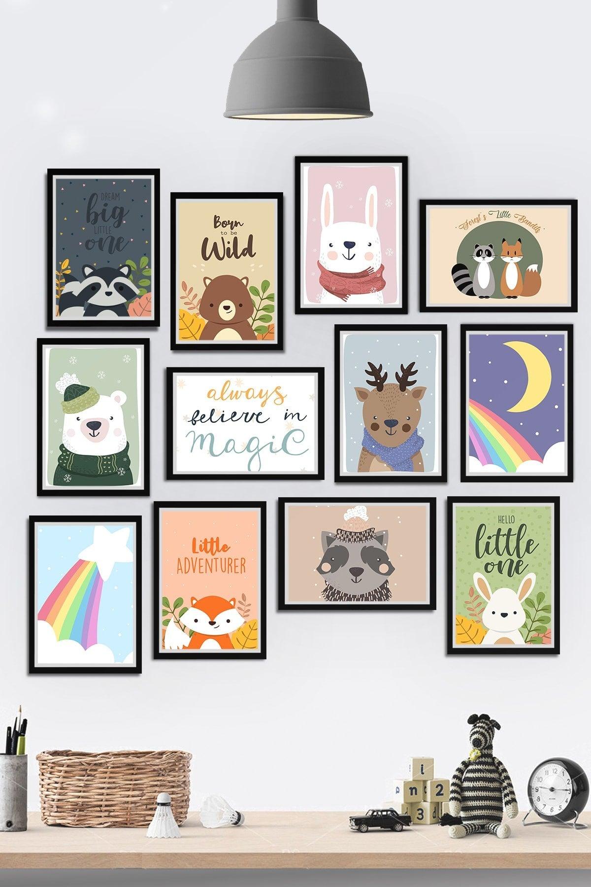 Frame View Kids Room Sweet Animals Themed Mdf Painting Set 80x80cm 12 Pieces - Swordslife