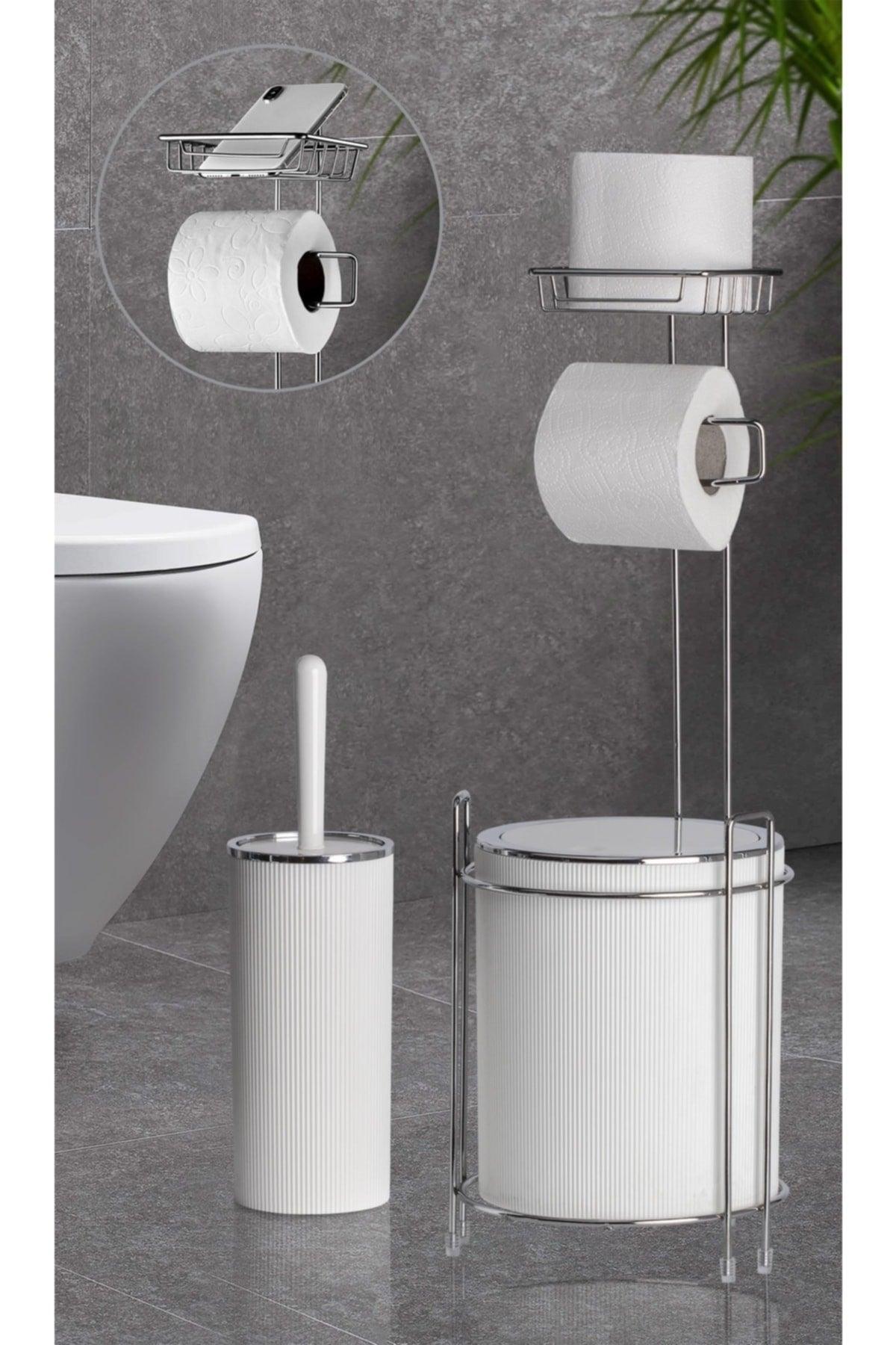 Chrom Ersatz-Wc-Papier - Streifen Runde weiße Müll Eimer und Wc Brush Set - Swordslife