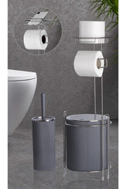 Chrome Backed Wc Paper Holder - Striped Round Anthracite Dustbin And Wc Brush Set - Swordslife