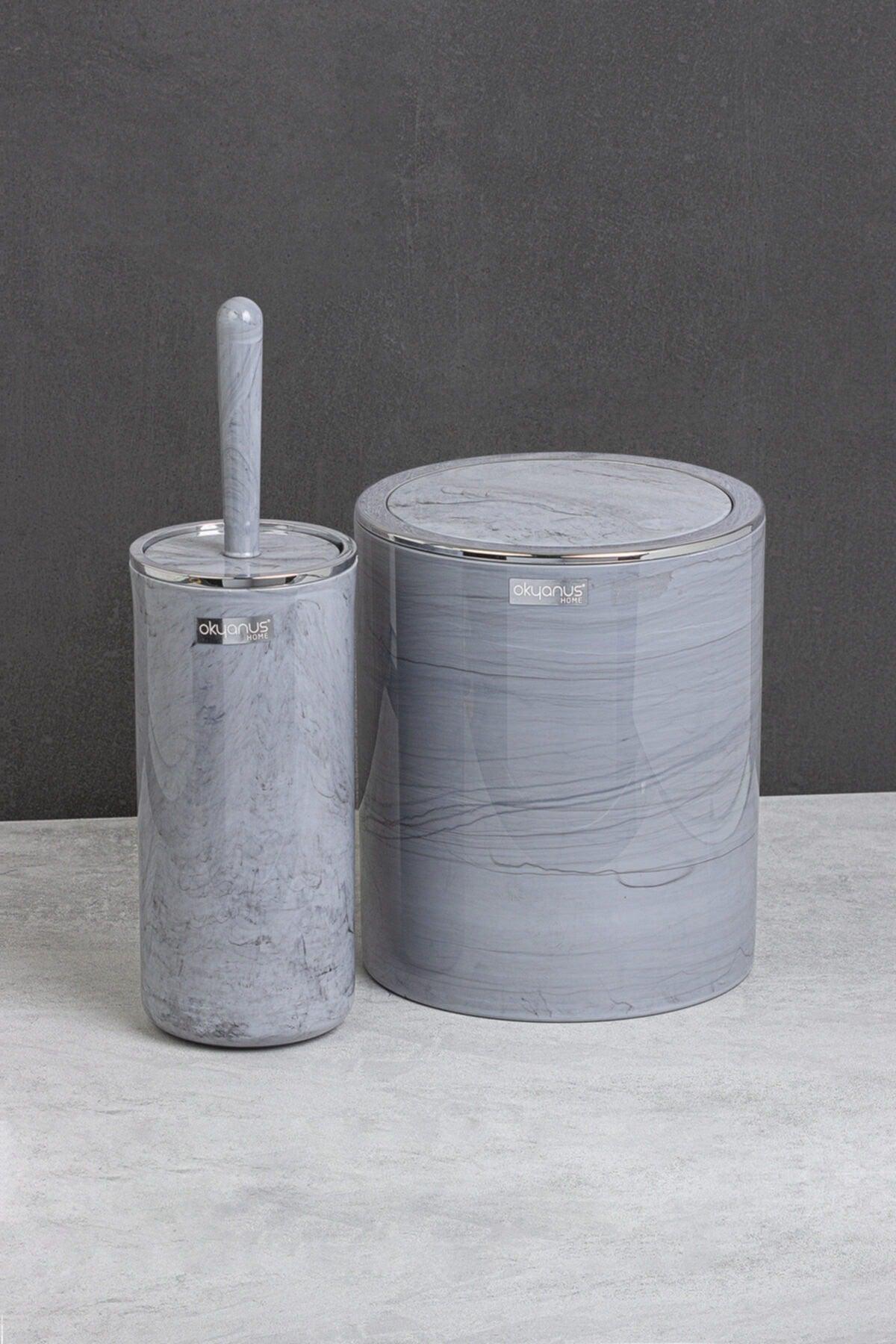 Chromed Round Marble Patterned 2-Wc Bucket And Brush Set - Swordslife