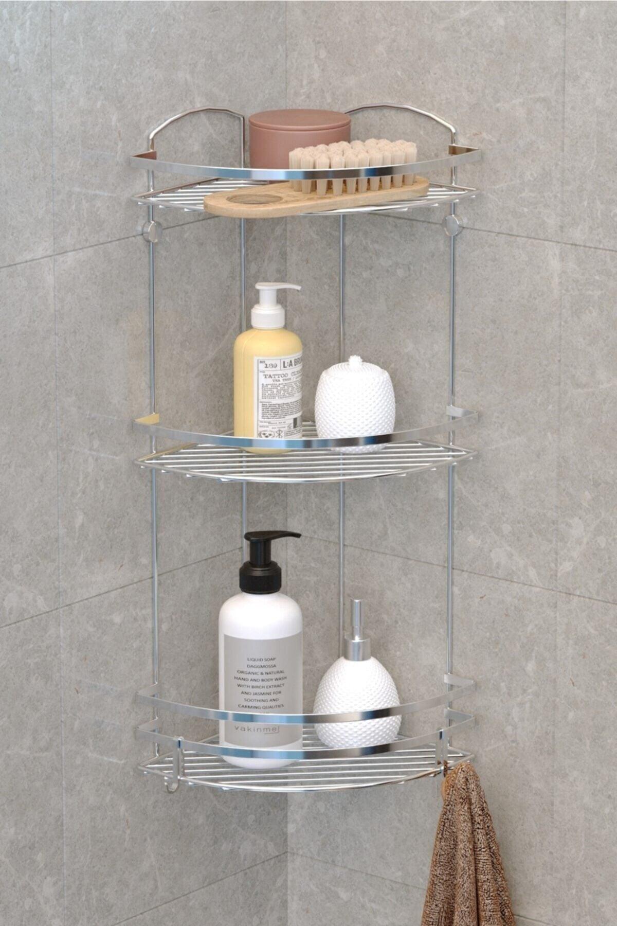 Chrome Three Tier Hook Bathroom Corner Shelf - Swordslife