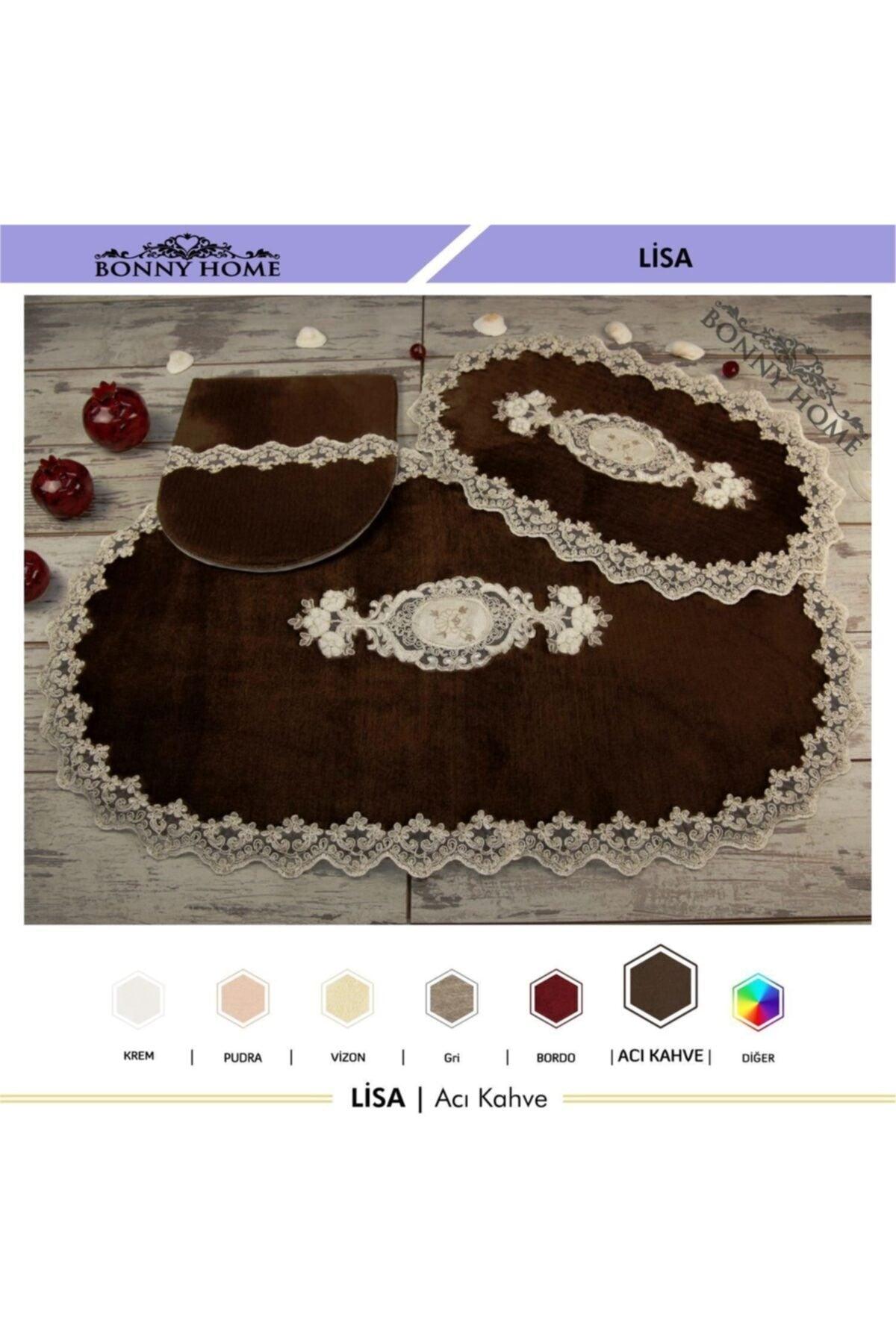Coffee Lisa 3pcs Dowry French Lace Appliqued Closet Set Bathroom Carpet Mat Set - Swordslife
