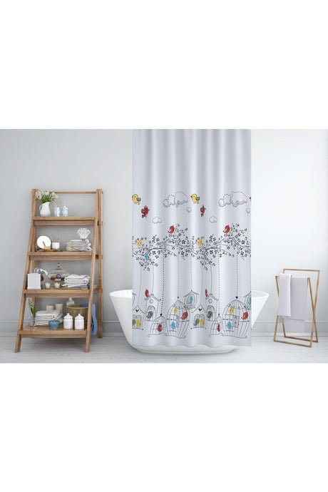 Colorful Branch And Bird Pattern Bathroom Curtain-180x200cm Single Wing Shower Curtain 12 Pieces C-Ring Curtain with Gift - Swordslife