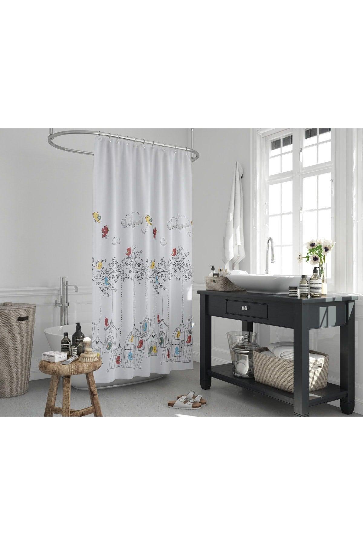 Colorful Branch And Bird Pattern Bathroom Curtain-180x200cm Single Wing Shower Curtain 12 Pieces C-Ring Curtain with Gift - Swordslife