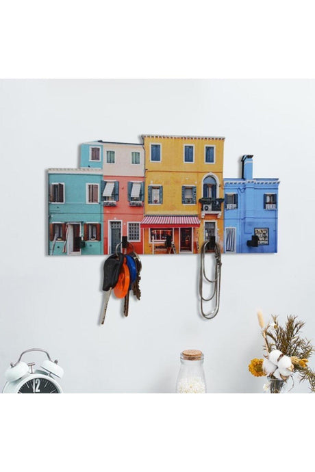 Colorful House Patterned Wooden Keychain Hallway Key Hanger - Swordslife