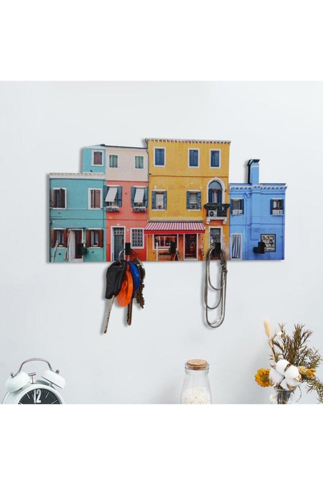 Colorful House Patterned Wooden Keychain Hallway Key Hanger - Swordslife