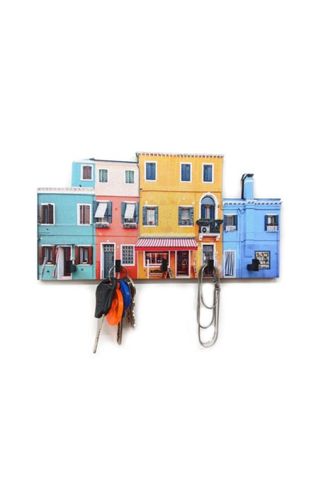 Colorful House Patterned Wooden Keychain Hallway Key Hanger - Swordslife