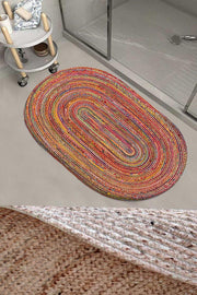 Colorful Striped Patterned Rope Straw Jute Knit Oval Bathroom Rug Toilet Seat Shower Front Mat - Swordslife