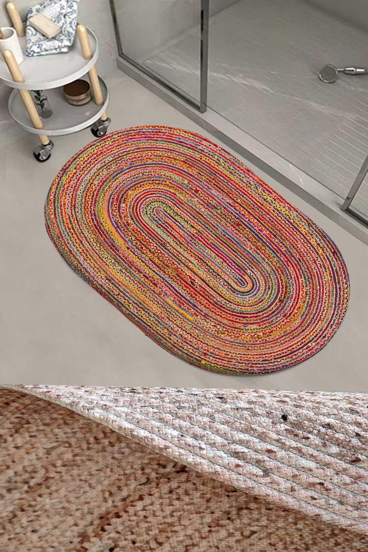Colorful Striped Patterned Rope Straw Jute Knit Oval Bathroom Rug Toilet Seat Shower Front Mat - Swordslife
