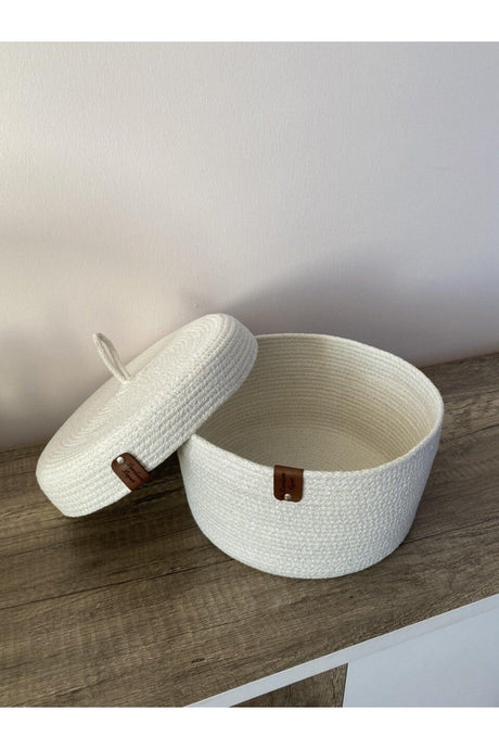 Cream Color Medium Size Multi-Purpose Basket with Lid, Cotton Basket, Decorative Basket, Wicker Basket, Cotton Rope - Swordslife