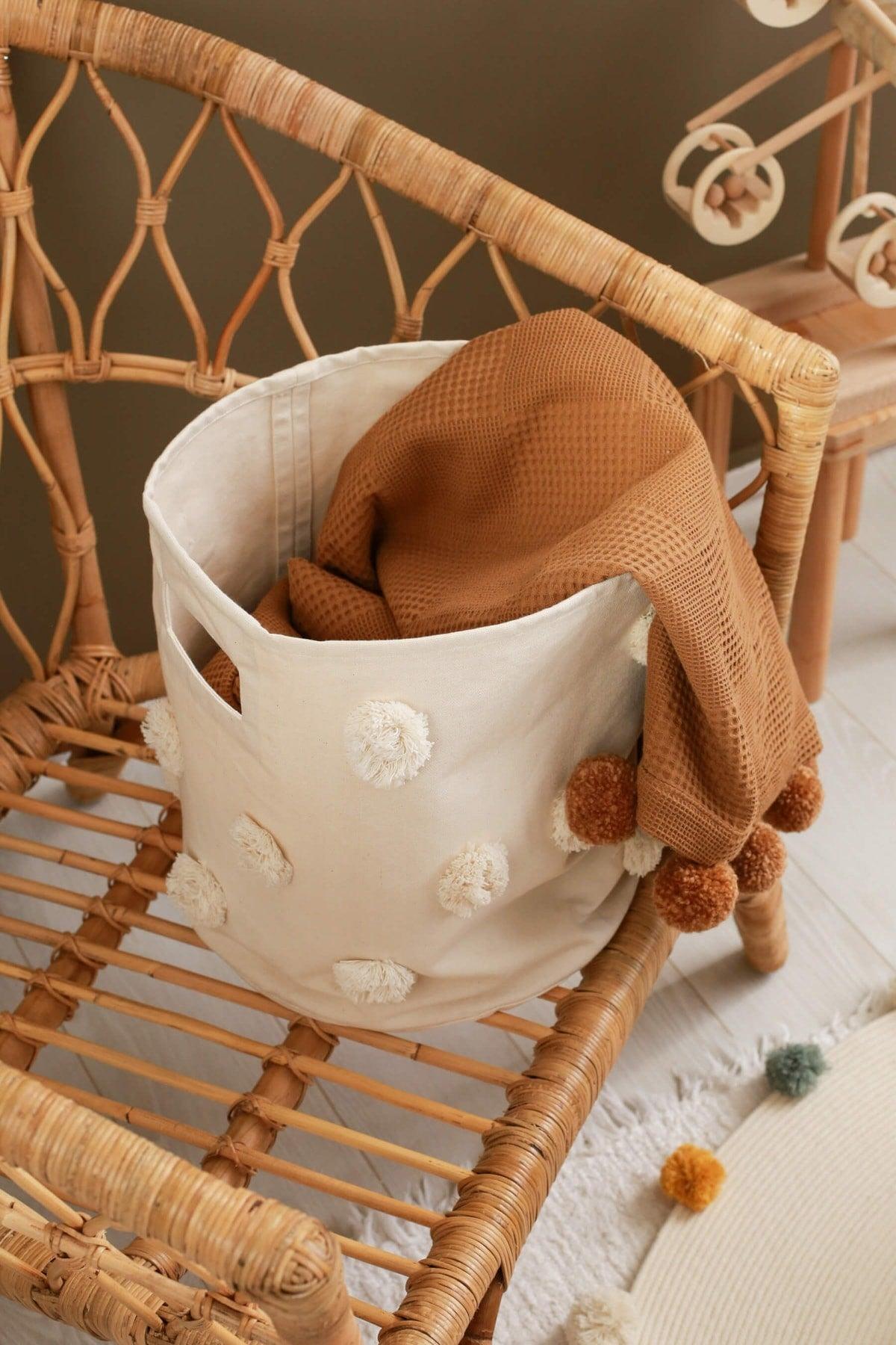 Cotton Basket With Cream Pompom Large 34x32 Cm - Swordslife