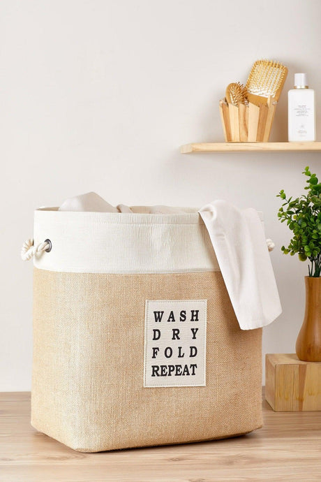 Rectangular Jute Laundry Basket With Cream Strip - Swordslife