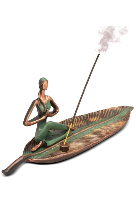 Special Design Woman Practicing Yoga Incense Holder Green Leaf - Swordslife