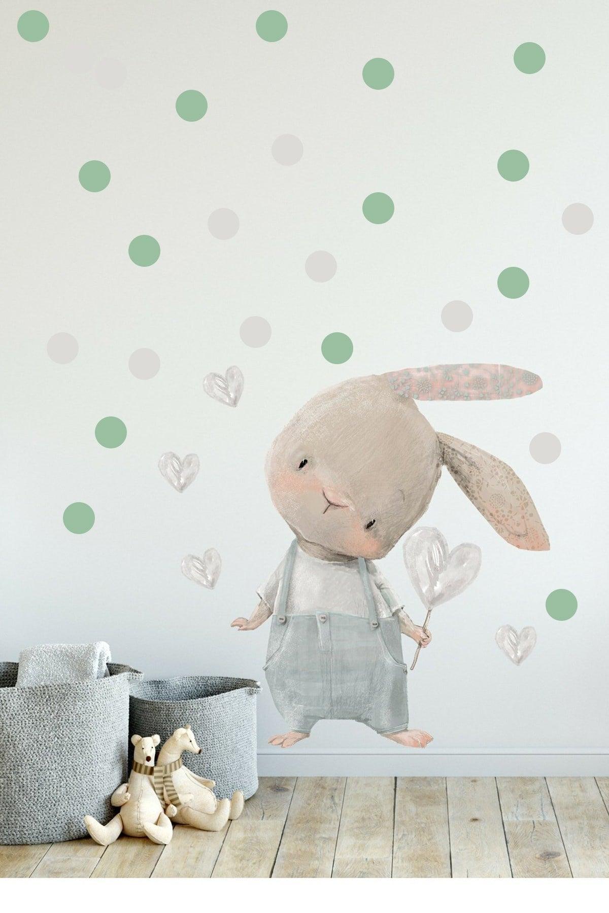 Cute Heart Rabbit Gray Overalls Wall