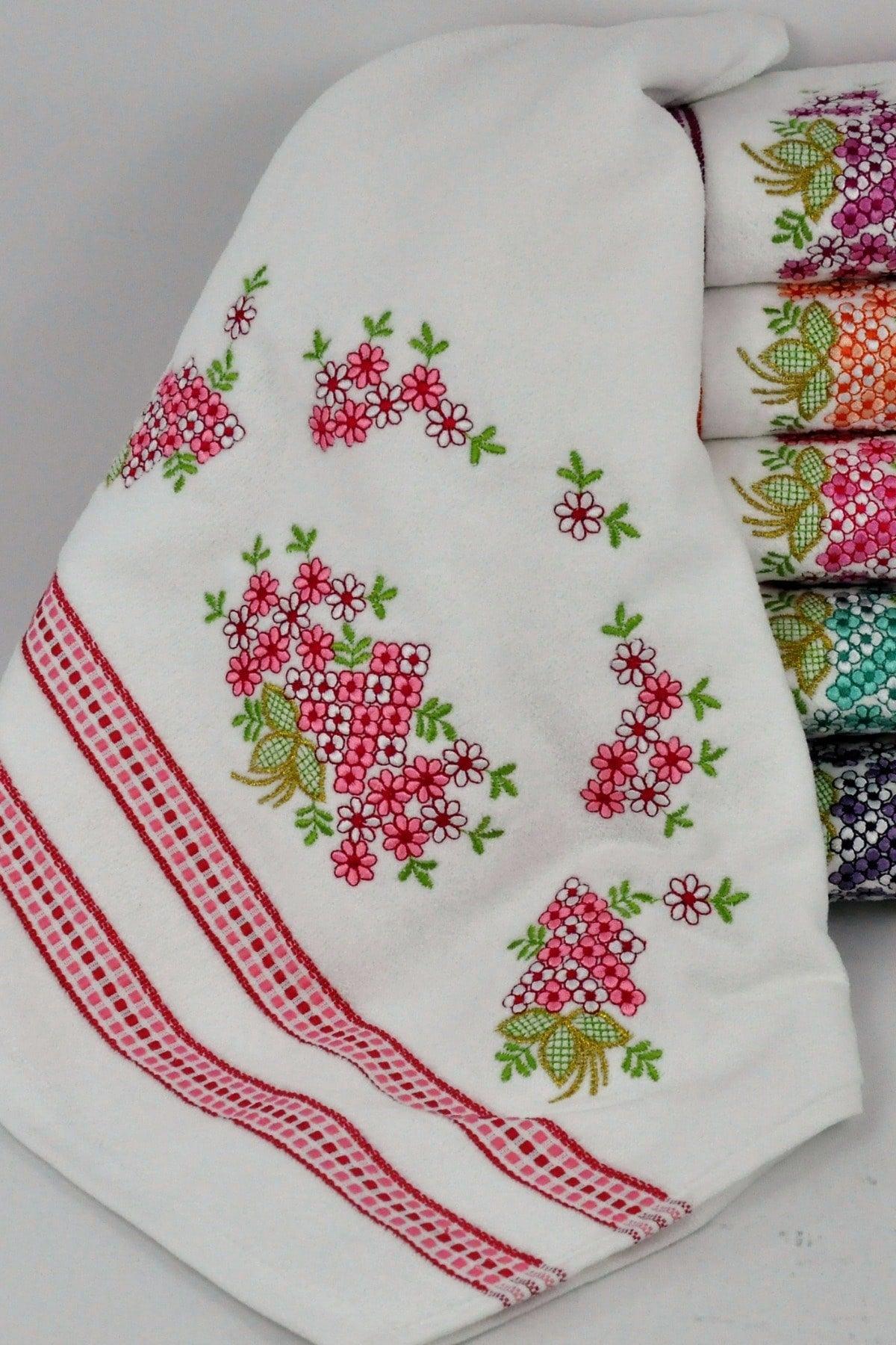 Daisy Set of 6 Multicolored Velvet Embroidered Border Dowry/gift 50x90 Hand/Face Towel Cotton - Swordslife