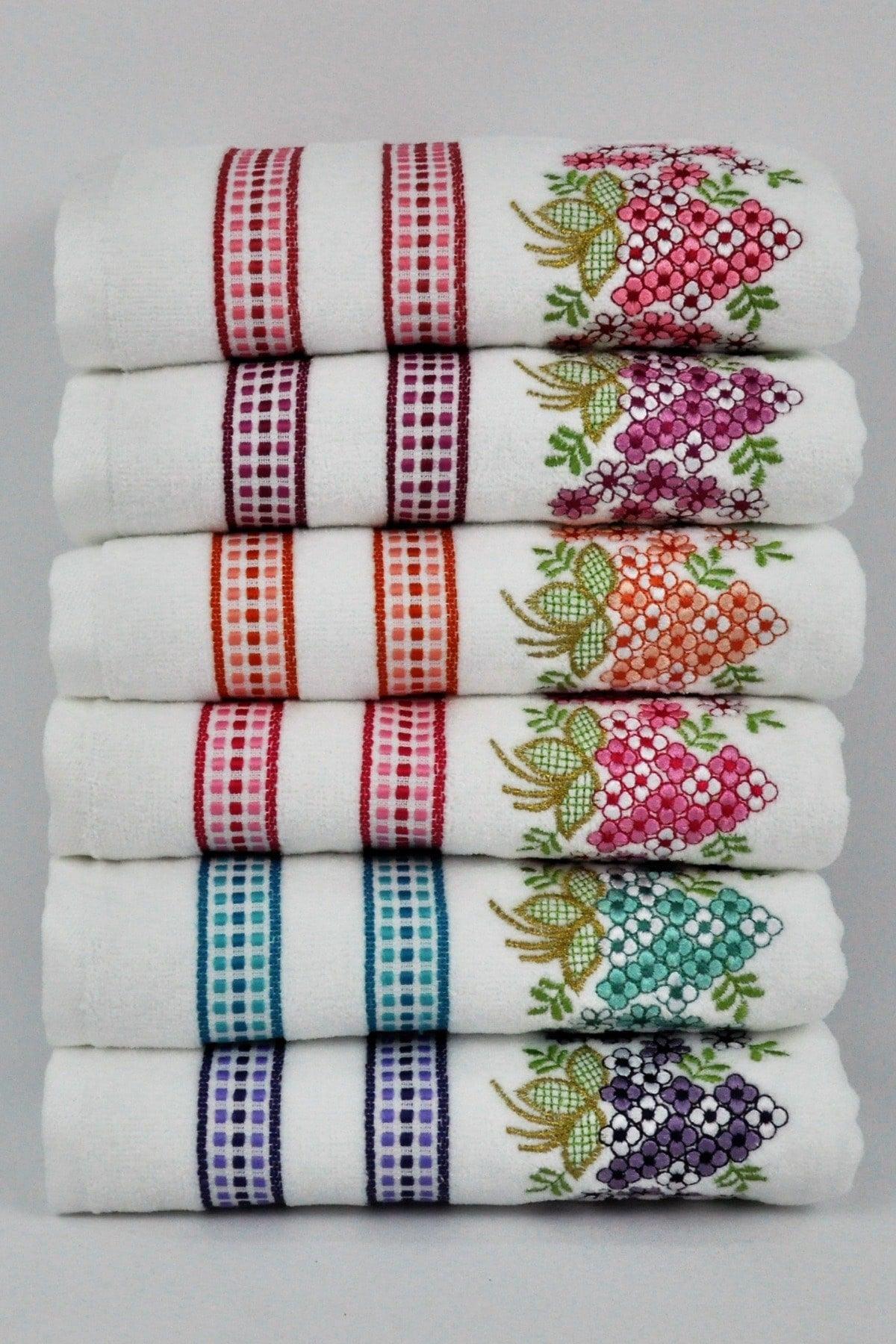 Daisy Set of 6 Multicolored Velvet Embroidered Border Dowry/gift 50x90 Hand/Face Towel Cotton - Swordslife