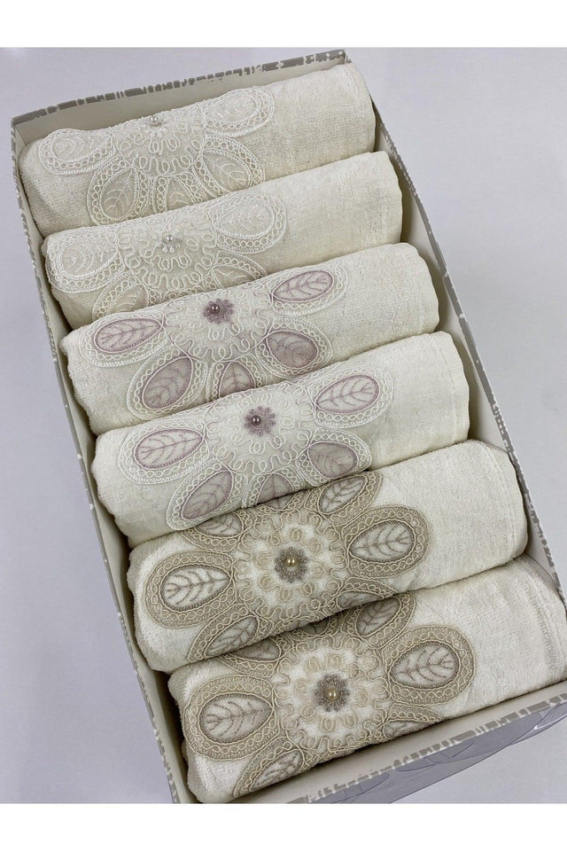 Pcs 50x90 Hand And Face Towel Set With Daisy Guipure Pearl Embroidered Box - Swordslife