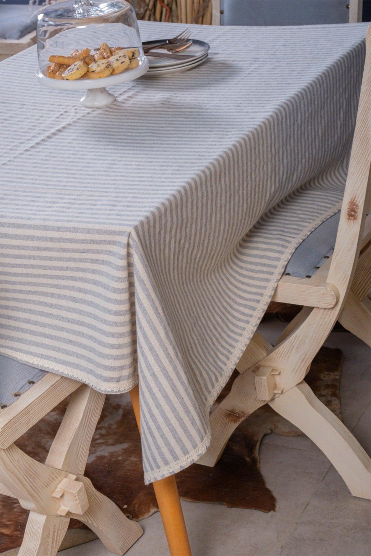Lacy Gray Striped Linen Tablecloth - Swordslife
