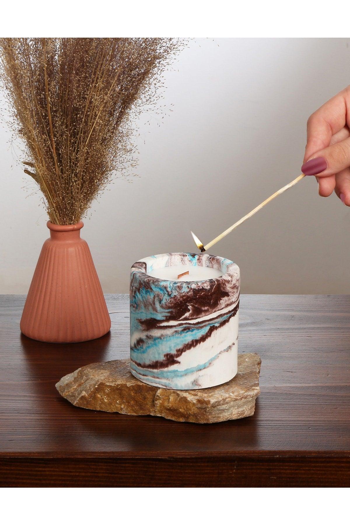 Decorative Blue-brown Marble Look Scented Concrete Candle, Soy Wax Bamboo Wick - Swordslife