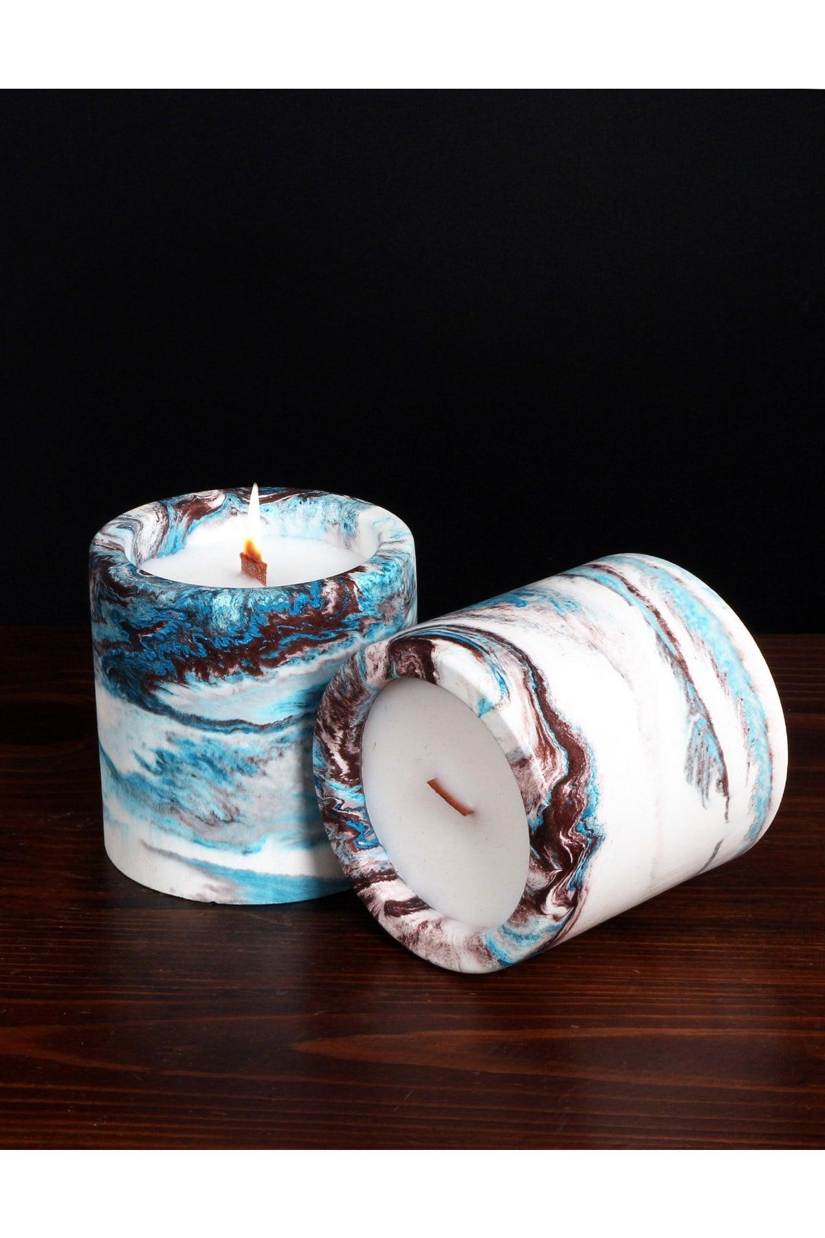 Decorative Blue-brown Marble Look Scented Concrete Candle, Soy Wax Bamboo Wick - Swordslife