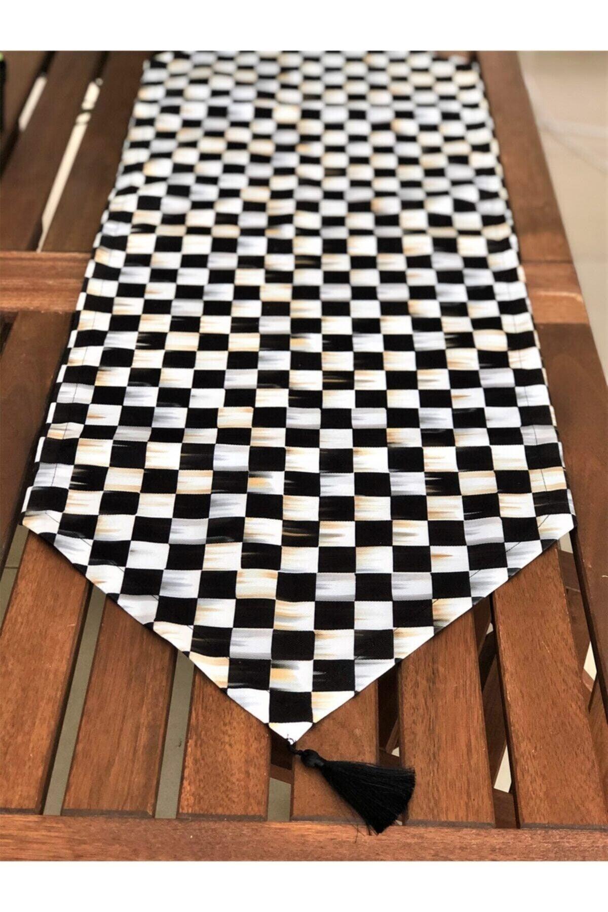 Decorative Geometric Checkered Tumbled Pattern Tasseled Runner - Swordslife