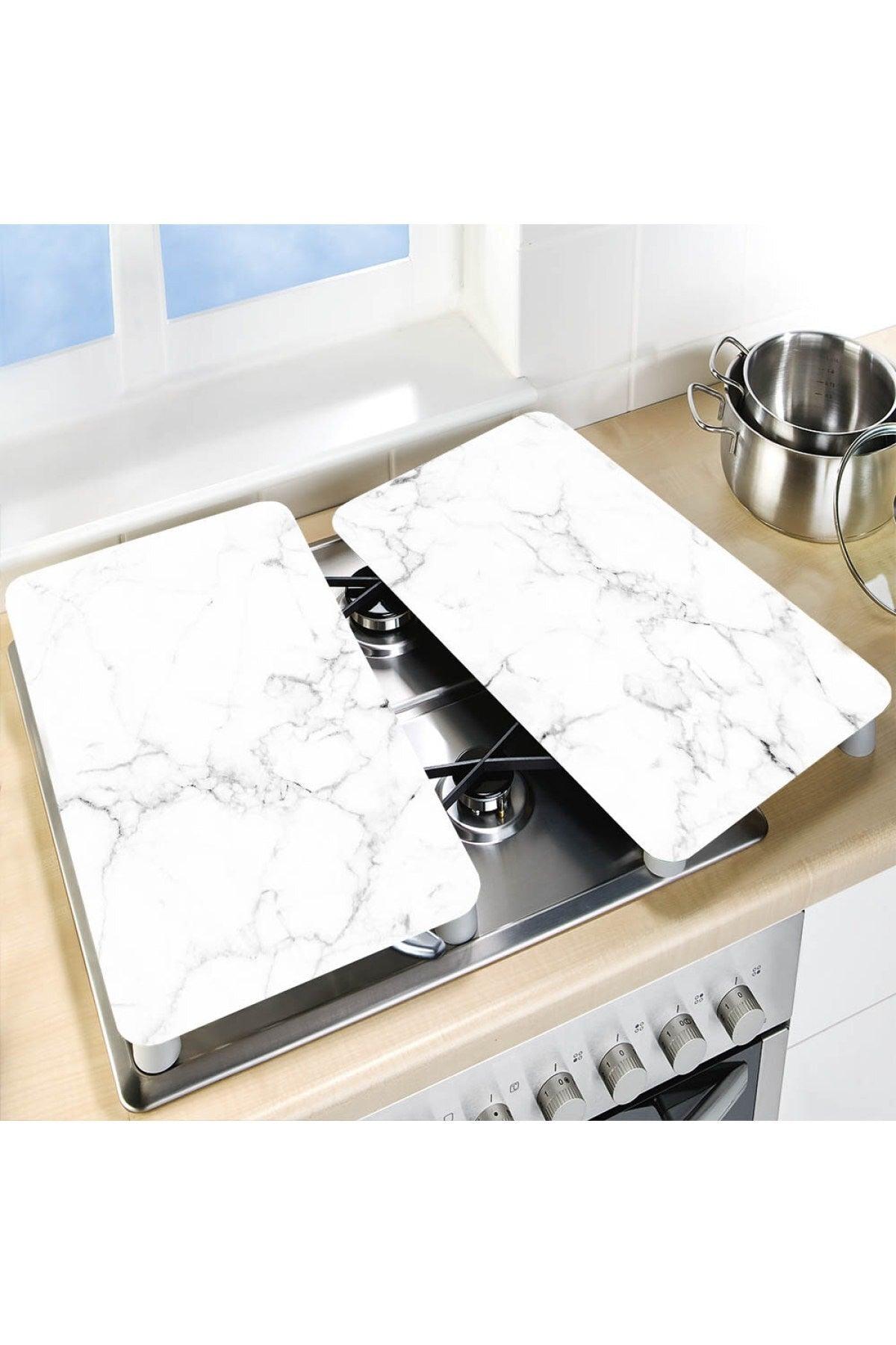 Decorative Glass Stove Protector And Cutting Board Black White Marble (60CM X 52CM) 2 Pieces - Swordslife