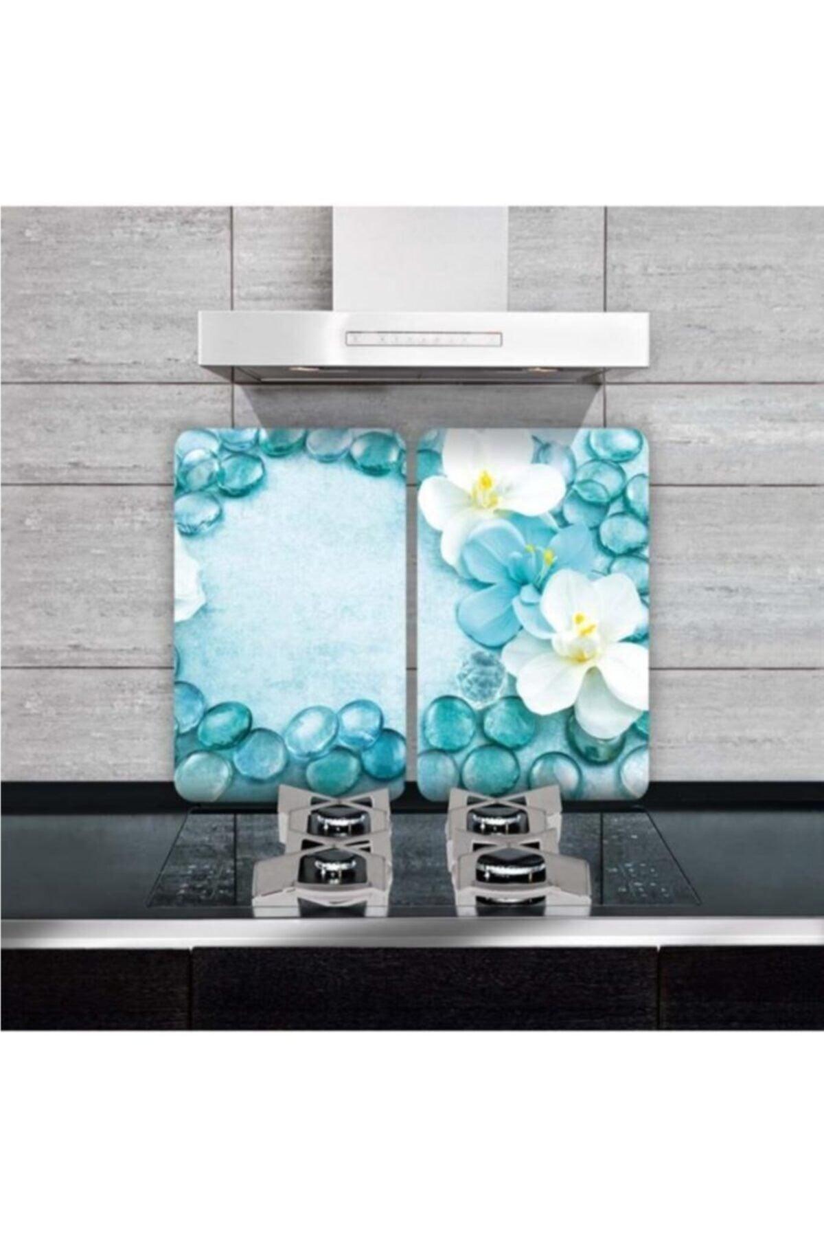 Decorative Glass Stove Protector and Cutting Board Blue Stones 60cm x52cm 2 Pieces 4 Cookers - Swordslife