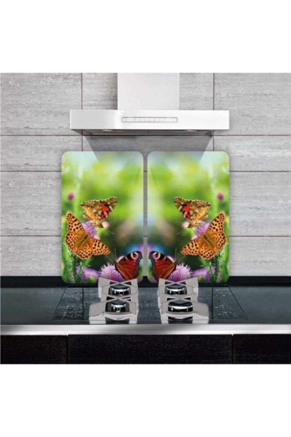 Decorative Glass Stove Protector And Cutting Board Colorful Butterflies 60cm X 52cm 2 Pieces, 4 Cookers - Swordslife