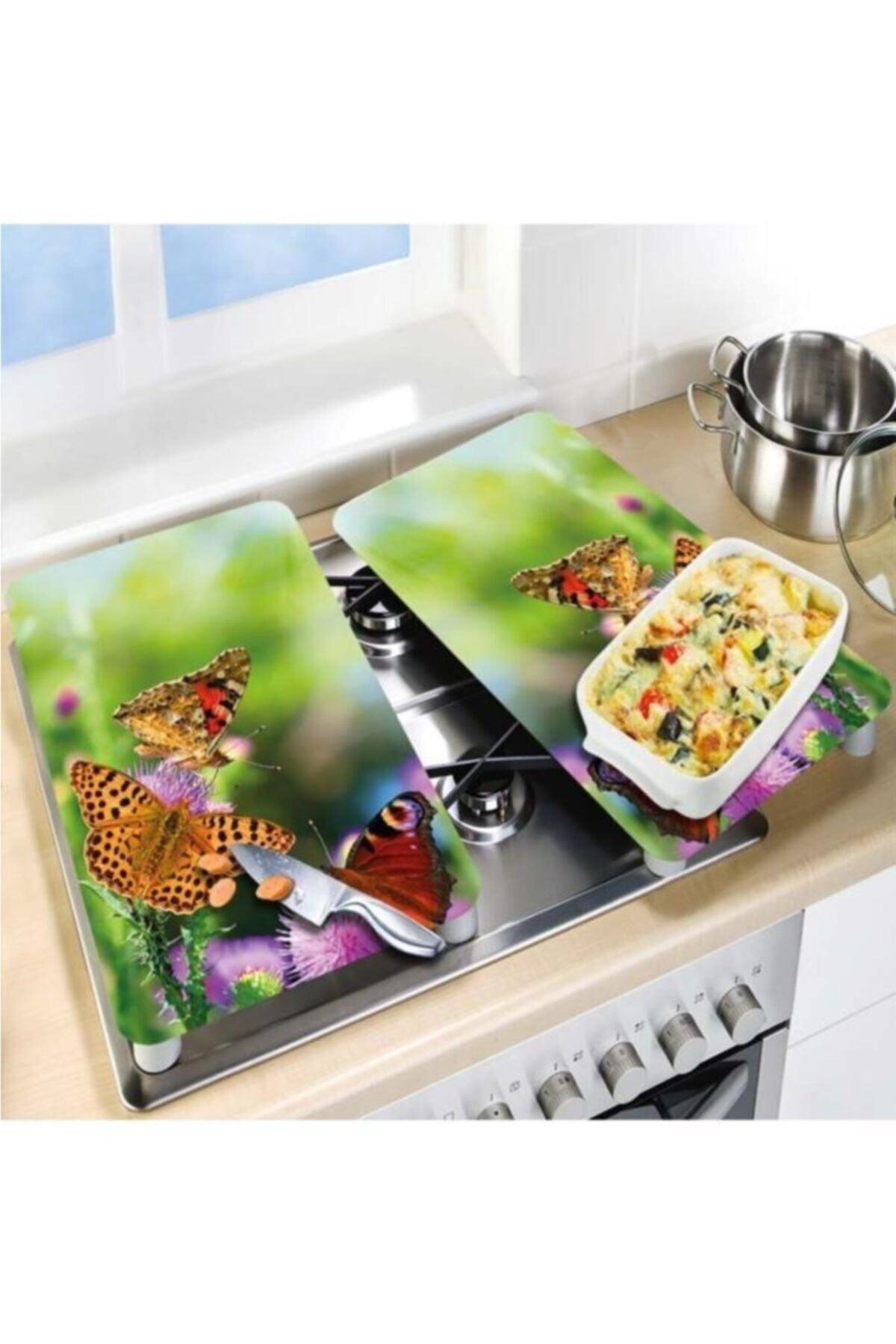 Decorative Glass Stove Protector And Cutting Board Colorful Butterflies 60cm X 52cm 2 Pieces, 4 Cookers - Swordslife