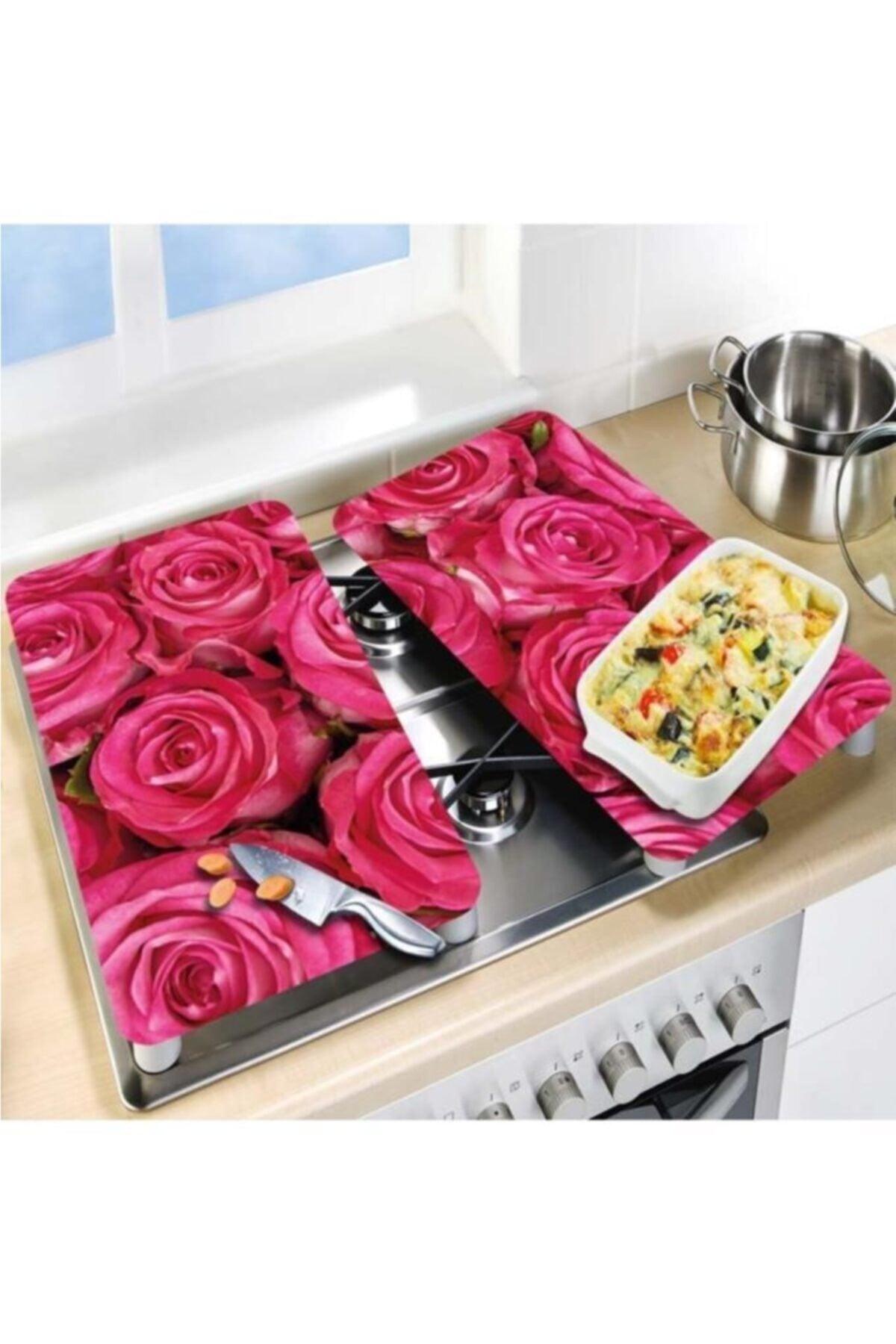 Decorative Glass Stove Protector And Cutting Board Dark Pink Roses 60cm X 52cm 2 Pieces, 4 Cookers - Swordslife