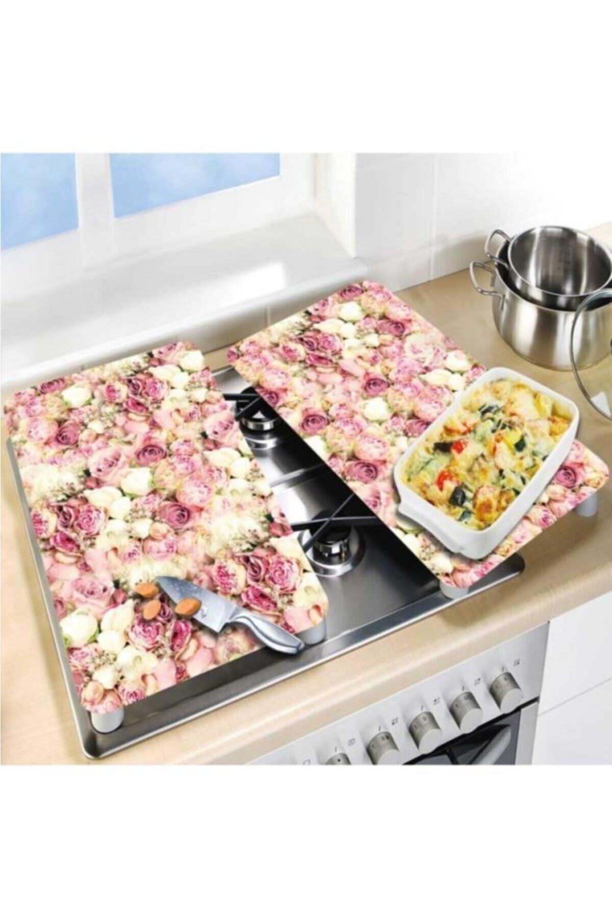 Decorative Glass Stove Protector And Cutting Board Light Pink Roses 60cm X 52cm 2 Pieces, 4 Cookers - Swordslife