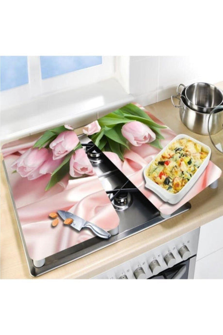Decorative Glass Stove Protector And Cutting Board Pink Roses 2 60cm X 52cm 2 Pieces, 4 Cookers - Swordslife