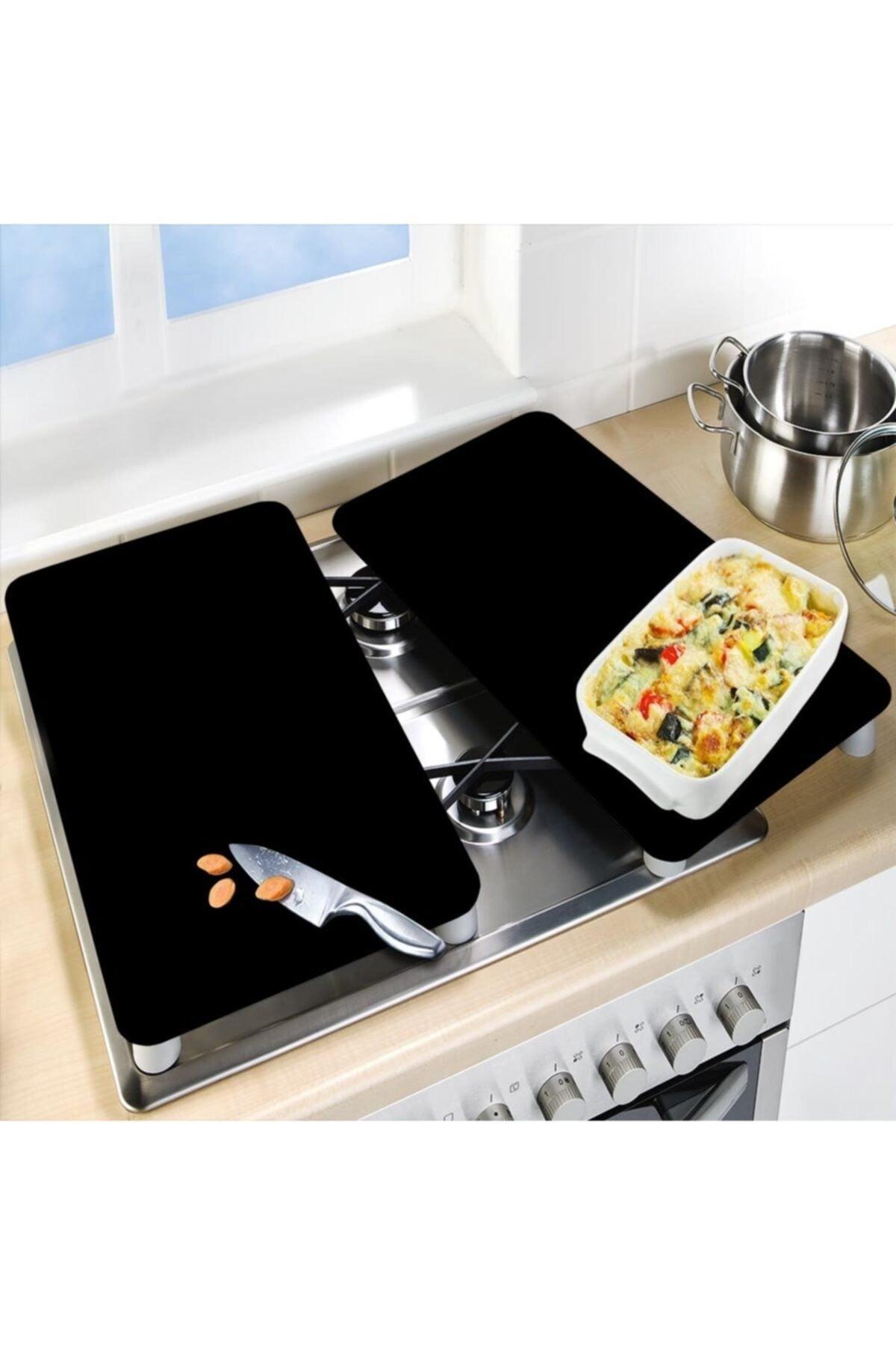 Decorative Glass Stove Protector And Cutting Board Plain Black (60cm X 52cm) 2 Pieces, 4 Cookers - Swordslife