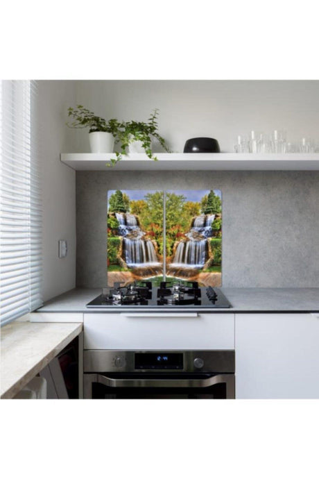 Decorative Glass Stove Protector And Cutting Board Waterfall 60cm X 52cm 2 Pieces 4 Cookers - Swordslife