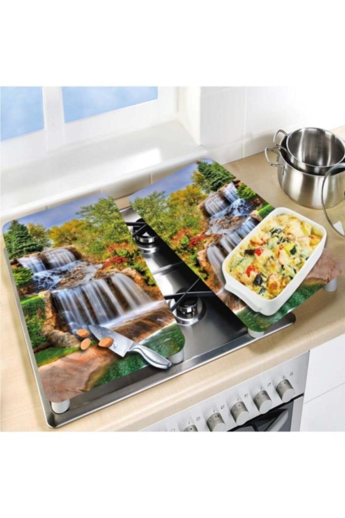 Decorative Glass Stove Protector And Cutting Board Waterfall 60cm X 52cm 2 Pieces 4 Cookers - Swordslife